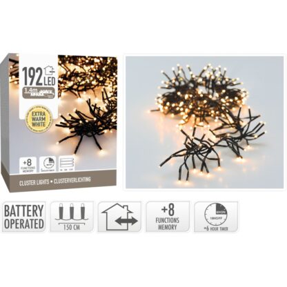 Clusterverlichting 192 led -  1.4m - extra warm wit - Batterij - Lichtfuncties - Geheugen - Timer - Afbeelding 2