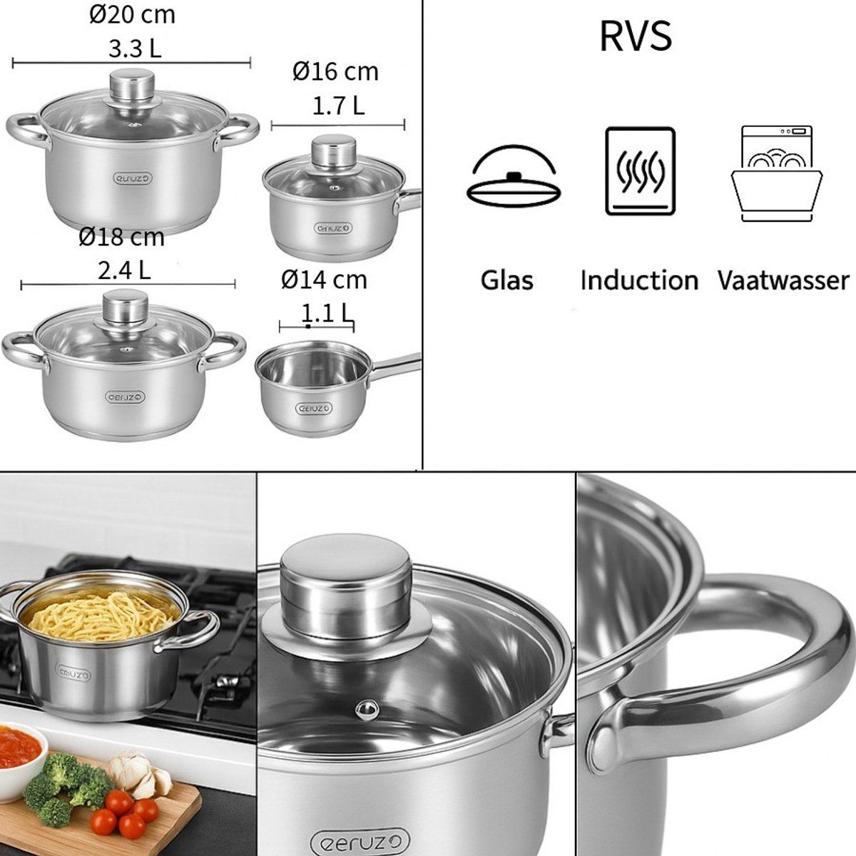 Ceruzo Pannenset 8-delig - alle Warmtebronnen - Inductie - Afbeelding 4